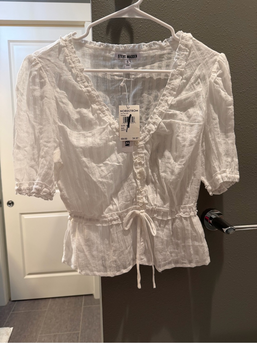 Steve Madden White Ruffle Tie-Waist Peasant Blouse
